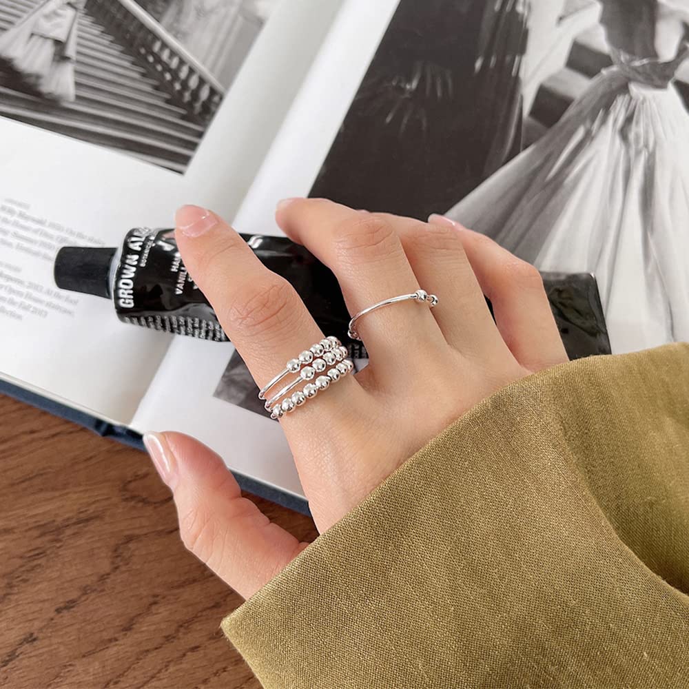 LOVECOM 925 Sterling Silver Anxiety Fidget Ring with Beads — 14K Gold Plated Spinner for Women & Men