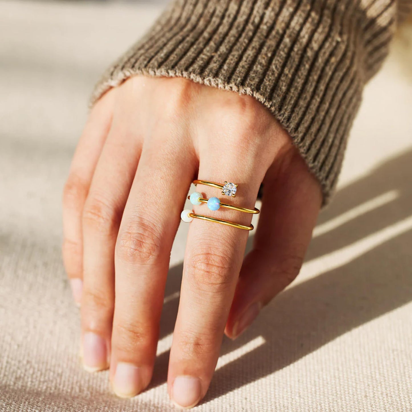 LOVECOM 14K Gold Plated Fidget Ring with Opal – Adjustable Open Spinner Ring for Women