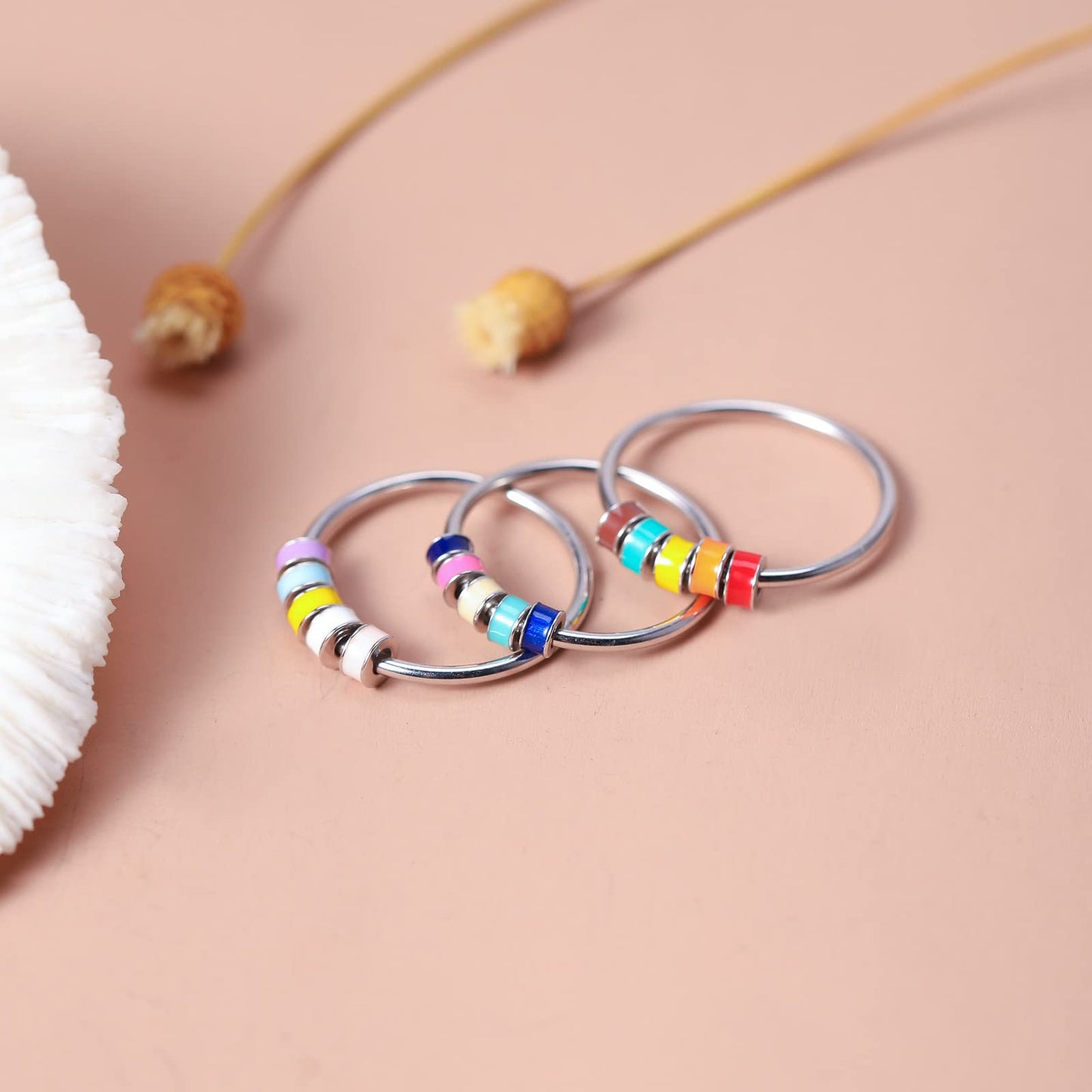 LOVECOM 925 Sterling Silver Fidget Ring with Colorful Enamel Beads – Stress Relief Spinner Ring for Women & Men
