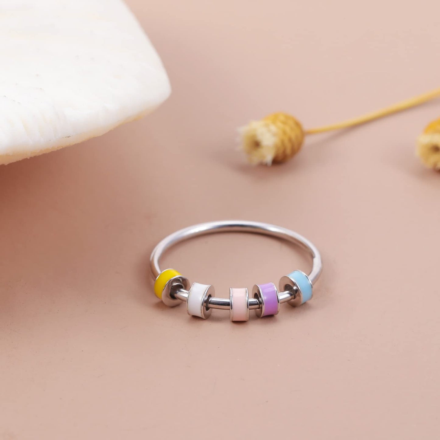 LOVECOM 925 Sterling Silver Fidget Ring with Colorful Enamel Beads – Stress Relief Spinner Ring for Women & Men