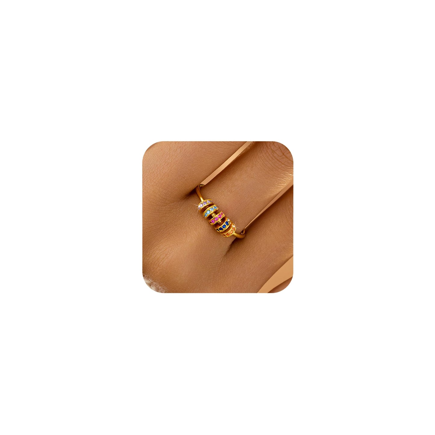LOVECOM S925 Sterling Silver Fidget Ring with Beads – Spinner Ring for Women, 14k Gold Plated
