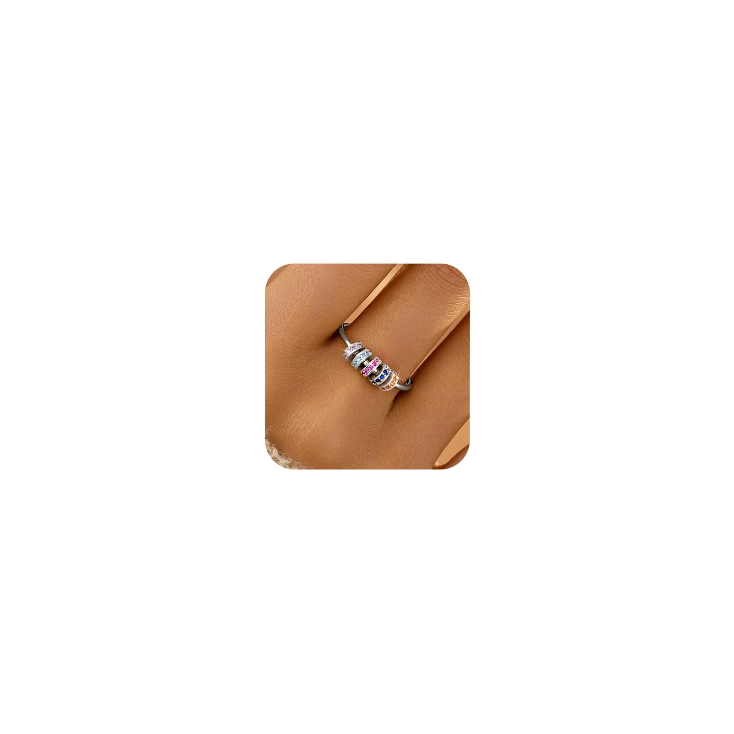 LOVECOM S925 Sterling Silver Fidget Ring with Cubic Zirconia Beads – 14k Gold Plated Spinner Jewelry