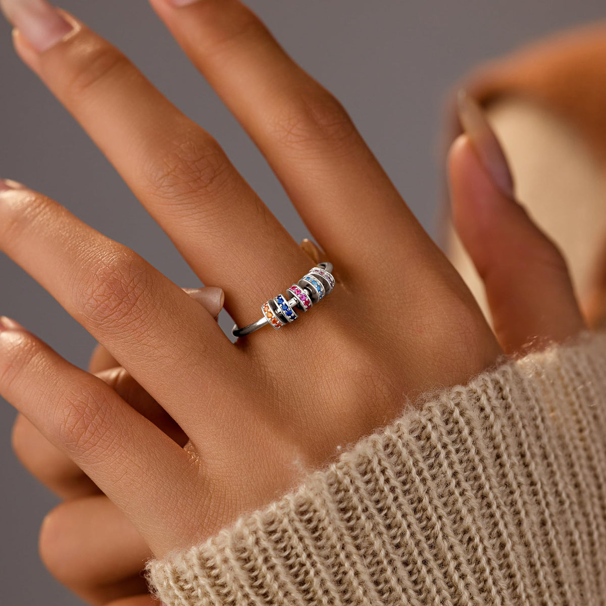 LOVECOM S925 Sterling Silver Fidget Ring with Cubic Zirconia Beads – 14k Gold Plated Spinner Jewelry