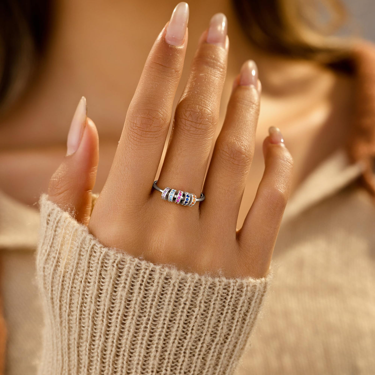 LOVECOM S925 Sterling Silver Fidget Ring with Cubic Zirconia Beads – 14k Gold Plated Spinner Jewelry