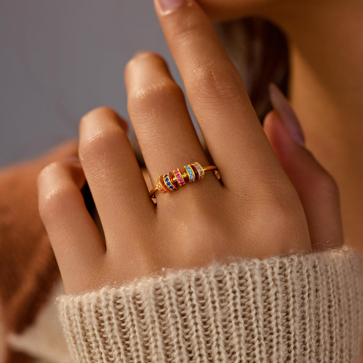 LOVECOM S925 Fidget Ring with CZ Beads – 14k Gold Plated Spinner