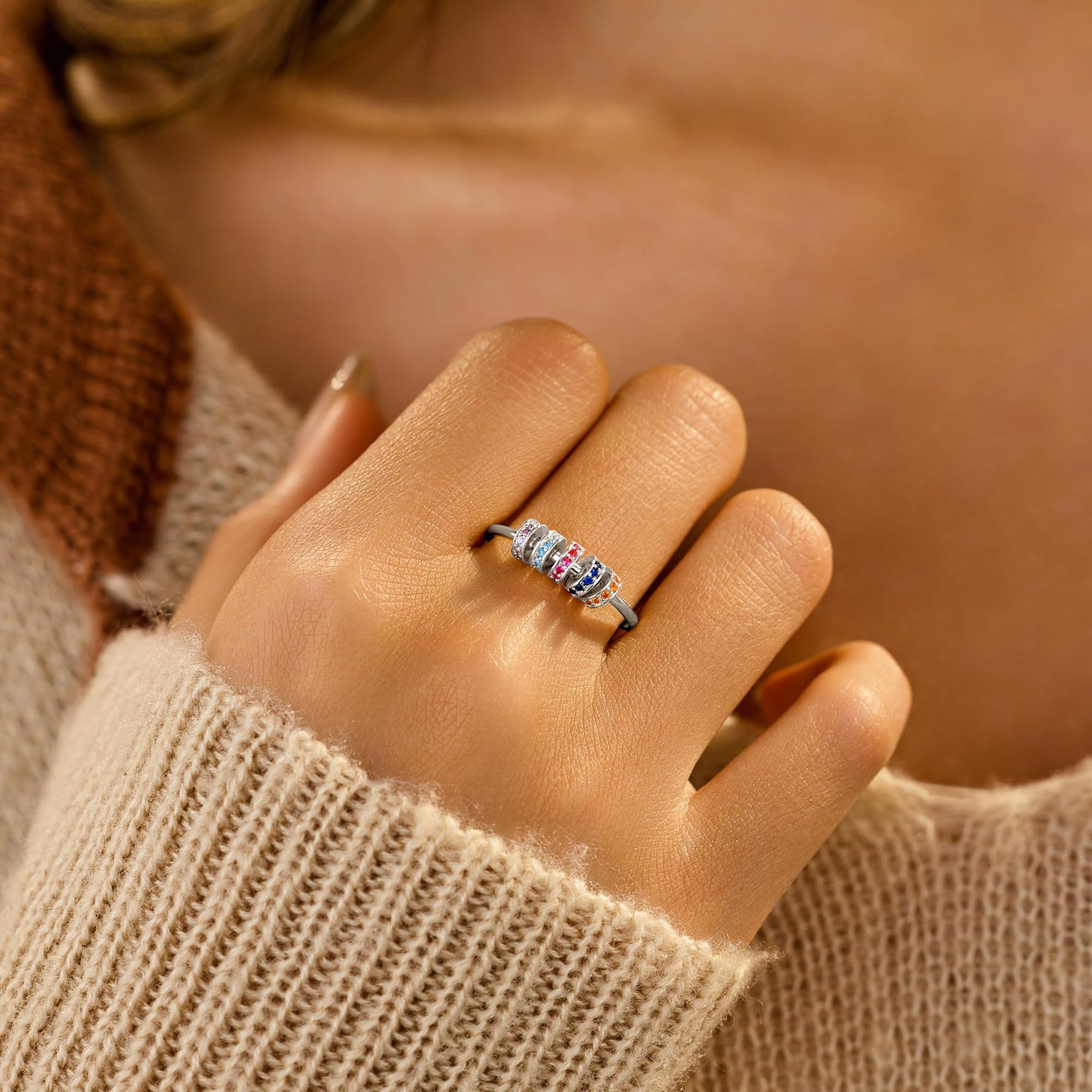 LOVECOM S925 Sterling Silver Fidget Ring with Cubic Zirconia Beads – 14k Gold Plated Spinner Jewelry