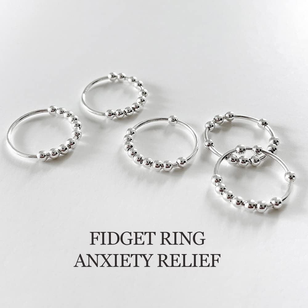 LOVECOM 925 Sterling Silver Anxiety Fidget Ring with Beads — 14K Gold Plated Spinner for Women & Men