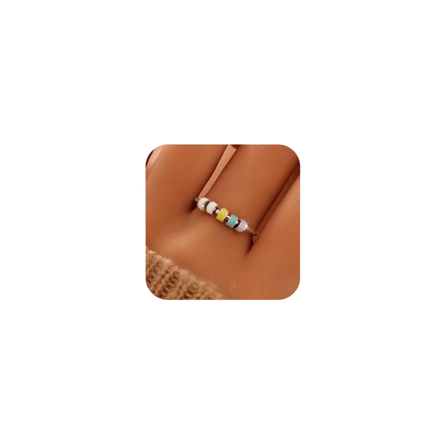 LOVECOM 925 Sterling Silver Fidget Ring with Colorful Enamel Beads – Stress Relief Spinner Ring for Women & Men