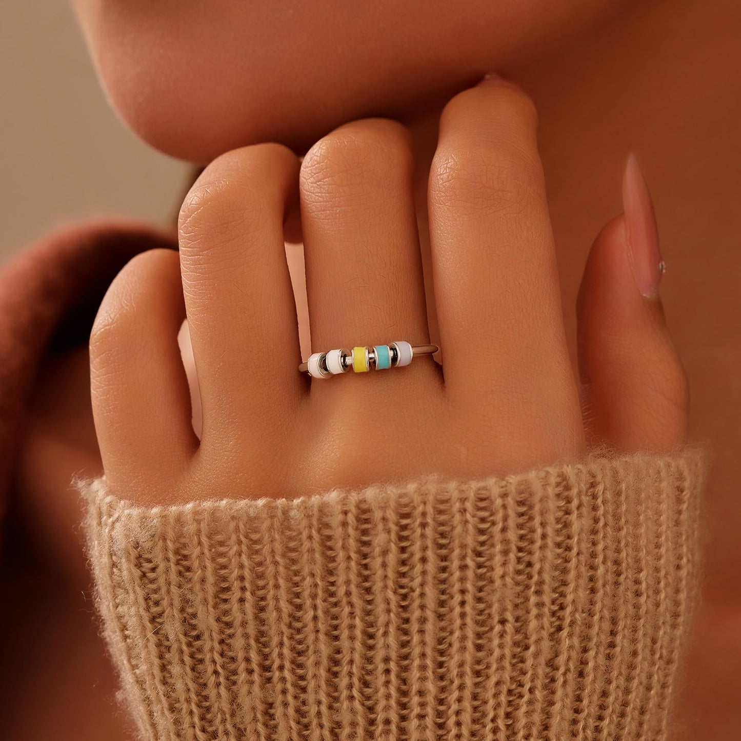 LOVECOM 925 Sterling Silver Fidget Ring with Colorful Enamel Beads – Stress Relief Spinner Ring for Women & Men