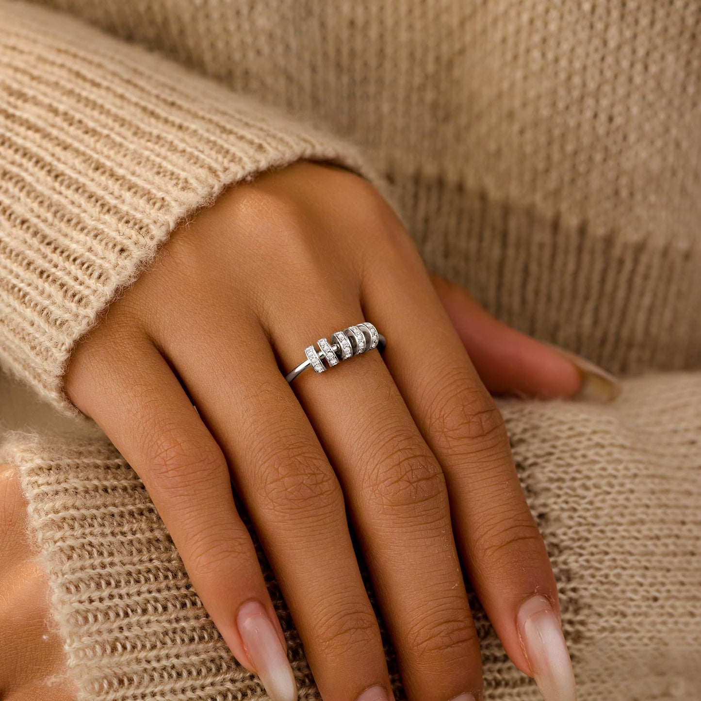 LOVECOM S925 Sterling Silver Fidget Ring with CZ Beads – 14k Gold Plated Spinner for Anxiety Relief