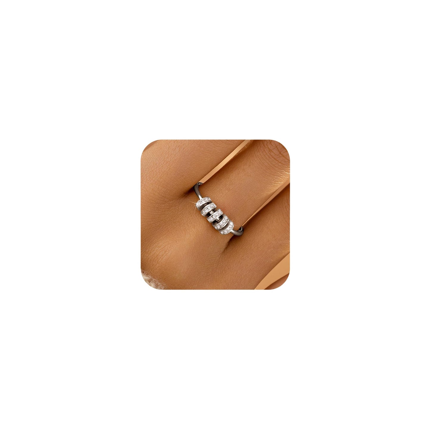 LOVECOM S925 Sterling Silver Fidget Ring with CZ Beads – 14k Gold Plated Spinner for Anxiety Relief
