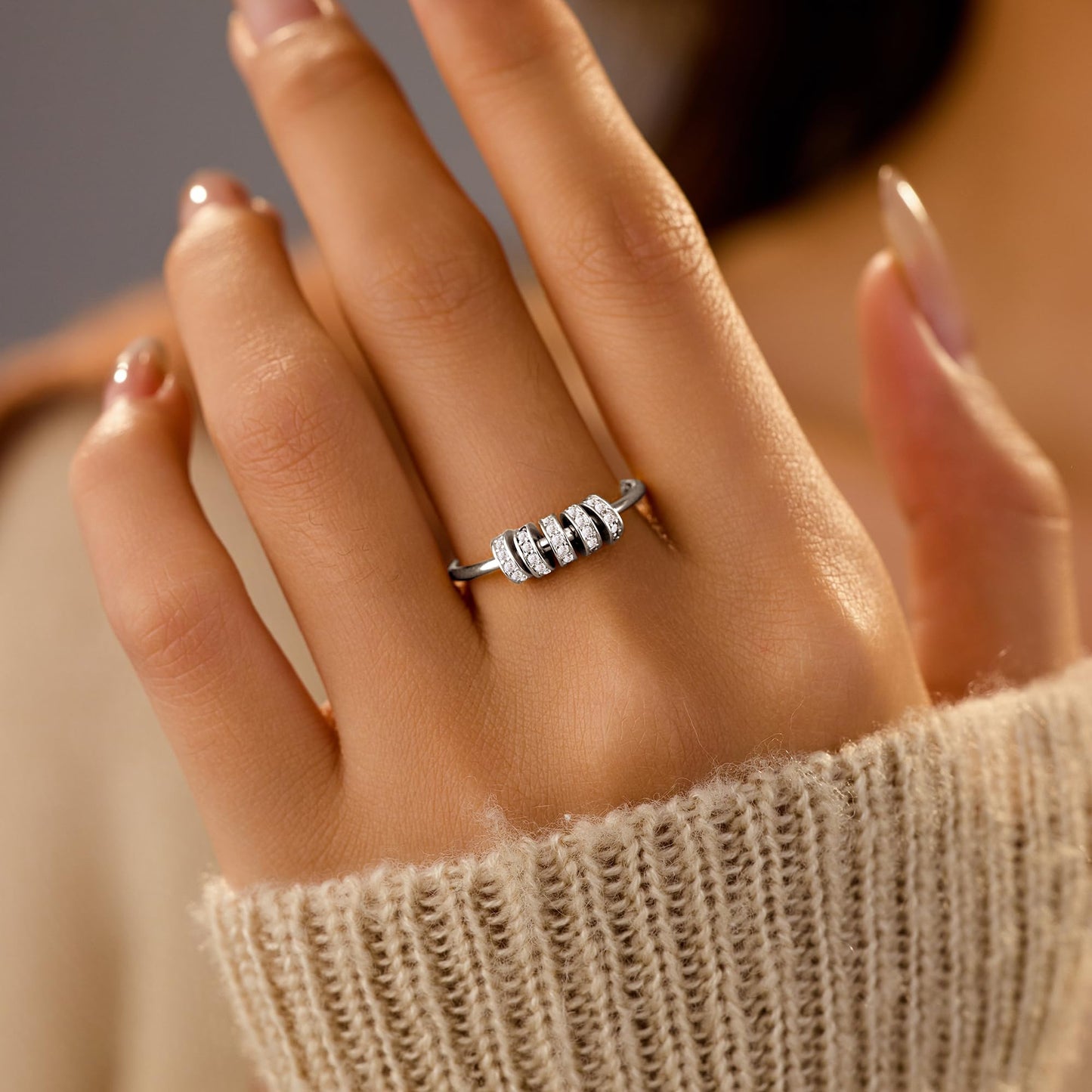 LOVECOM S925 Sterling Silver Fidget Ring with CZ Beads – 14k Gold Plated Spinner for Anxiety Relief