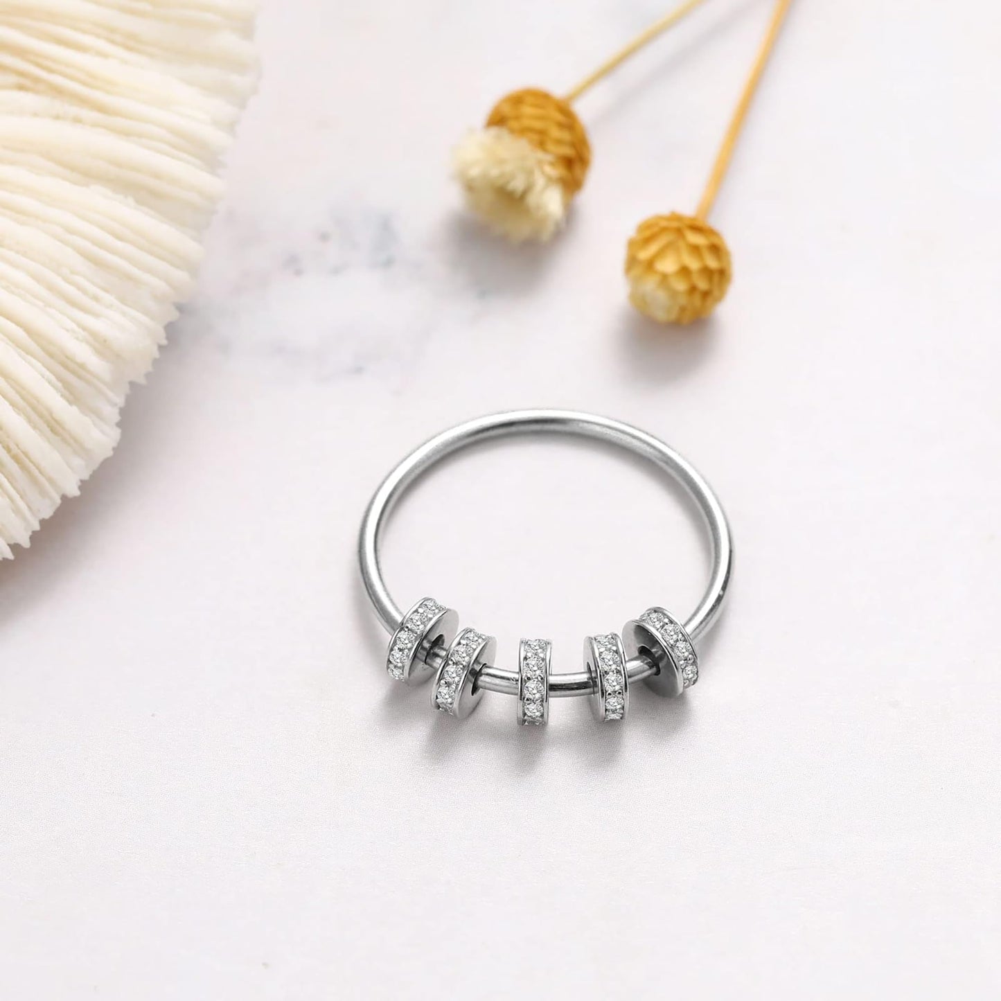 LOVECOM S925 Sterling Silver Fidget Ring with CZ Beads – 14k Gold Plated Spinner for Anxiety Relief