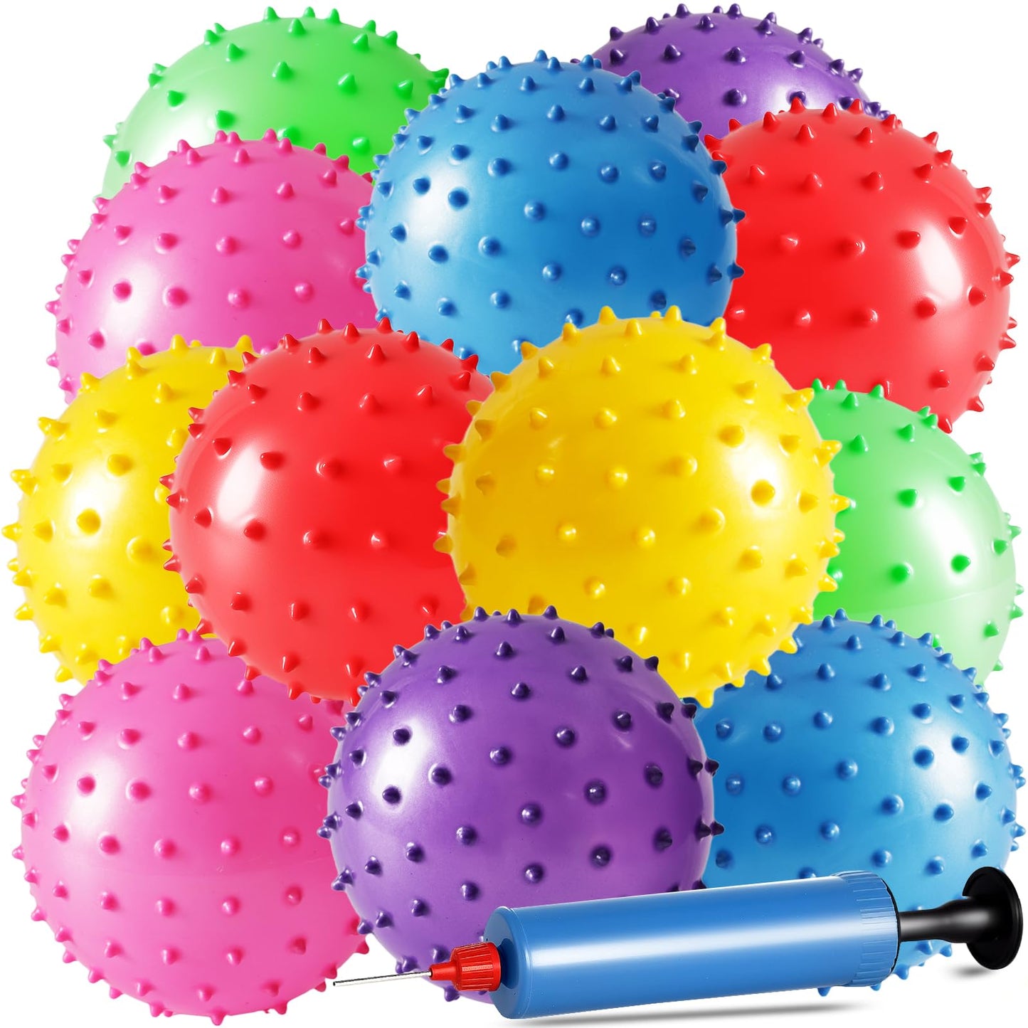 LOVEINUSA 12 Pack Bouncy Ball Knobby Massage Ball – 5-inch Spiky Sensory Fidget Toy with Pump