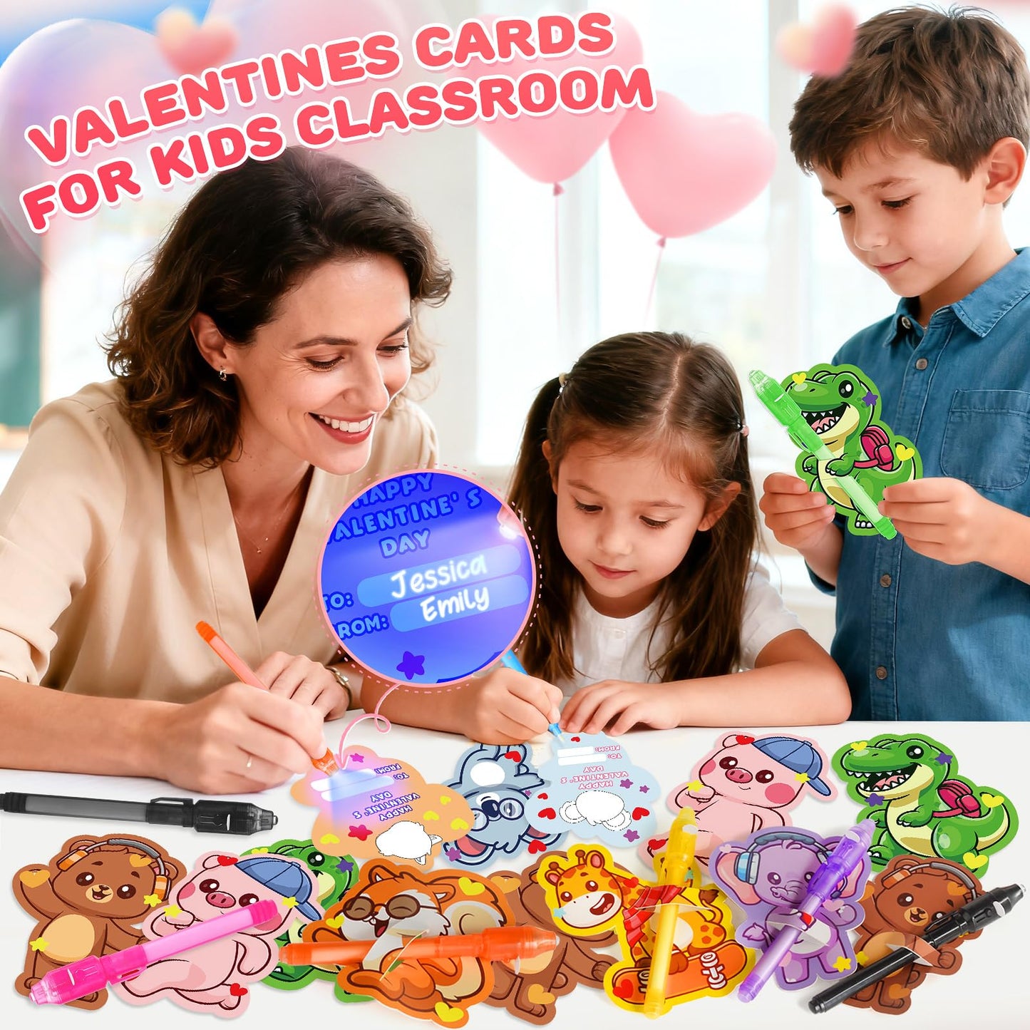 LovelyJn Valentines Day Gifts for Kids — 28 Invisible Ink Pens with Cards