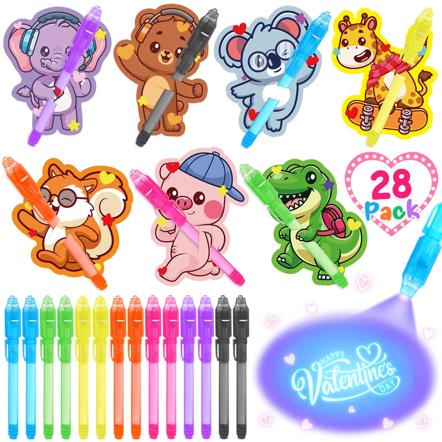 LovelyJn Valentines Day Gifts for Kids — 28 Invisible Ink Pens with Cards