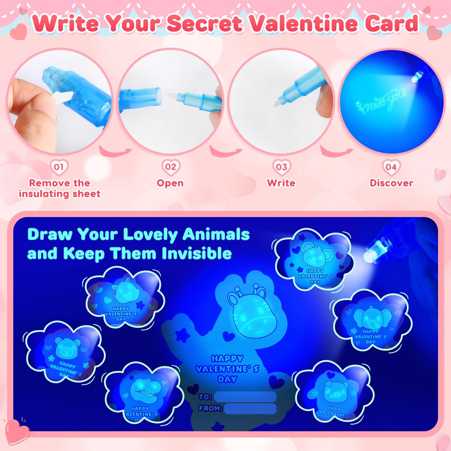 LovelyJn Valentines Day Gifts for Kids — 28 Invisible Ink Pens with Cards