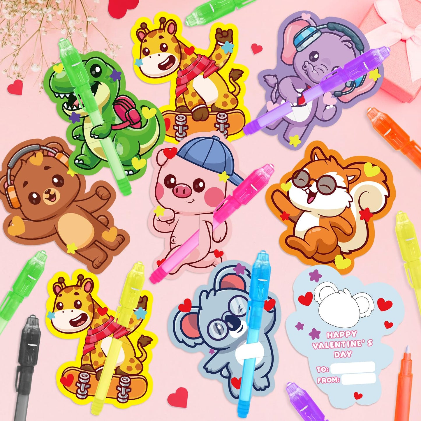 LovelyJn Valentines Day Gifts for Kids — 28 Invisible Ink Pens with Cards