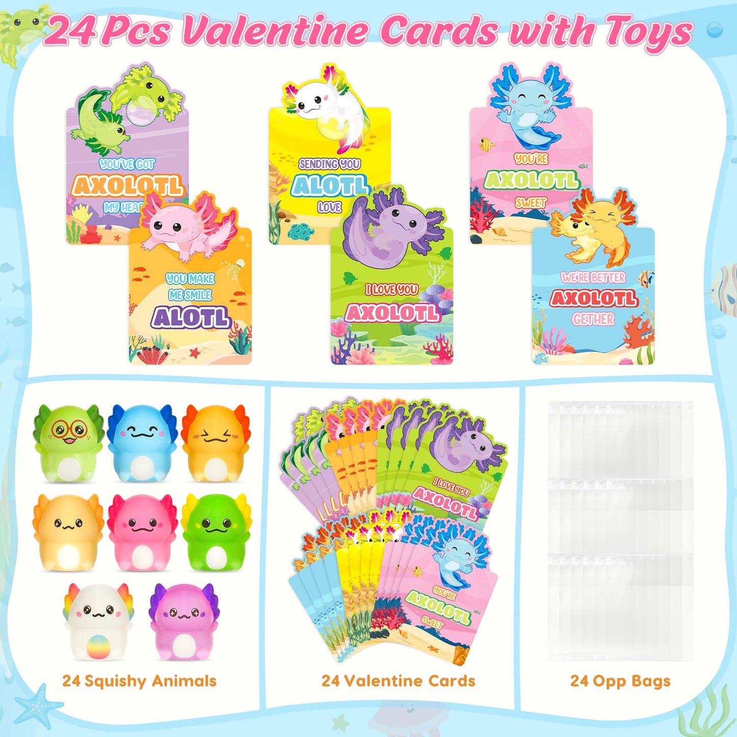 LovelyJn Valentines Day Axolotl Squishy Toys – 24 Pack for Classroom Parties & Gift Exchanges