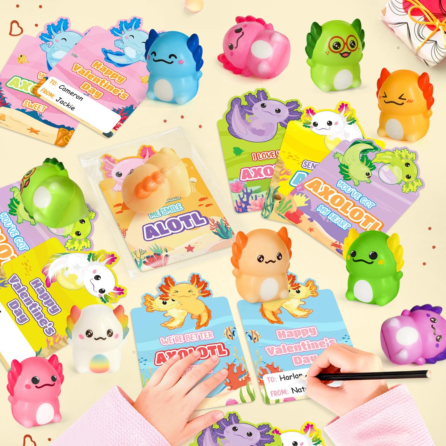 LovelyJn Valentines Day Axolotl Squishy Toys – 24 Pack for Classroom Parties & Gift Exchanges