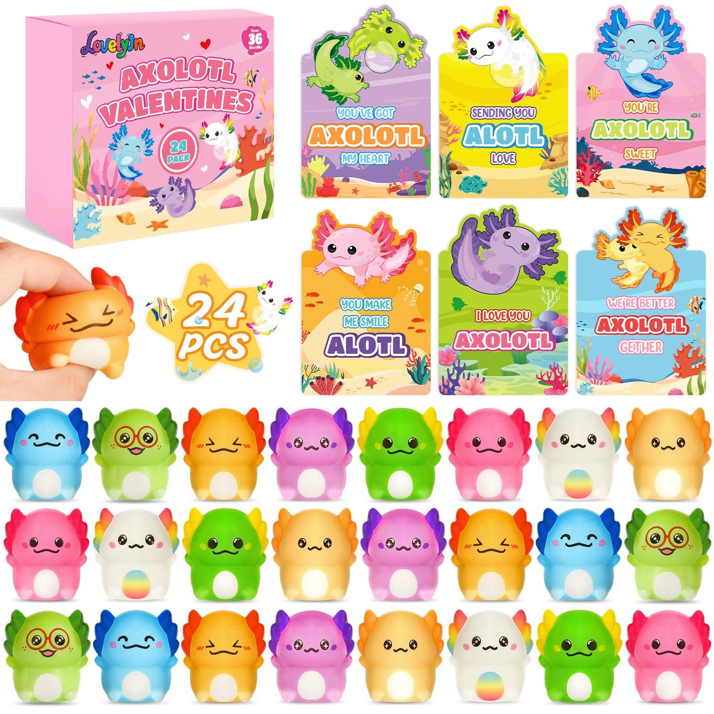 LovelyJn Valentines Day Axolotl Squishy Toys – 24 Pack for Classroom Parties & Gift Exchanges