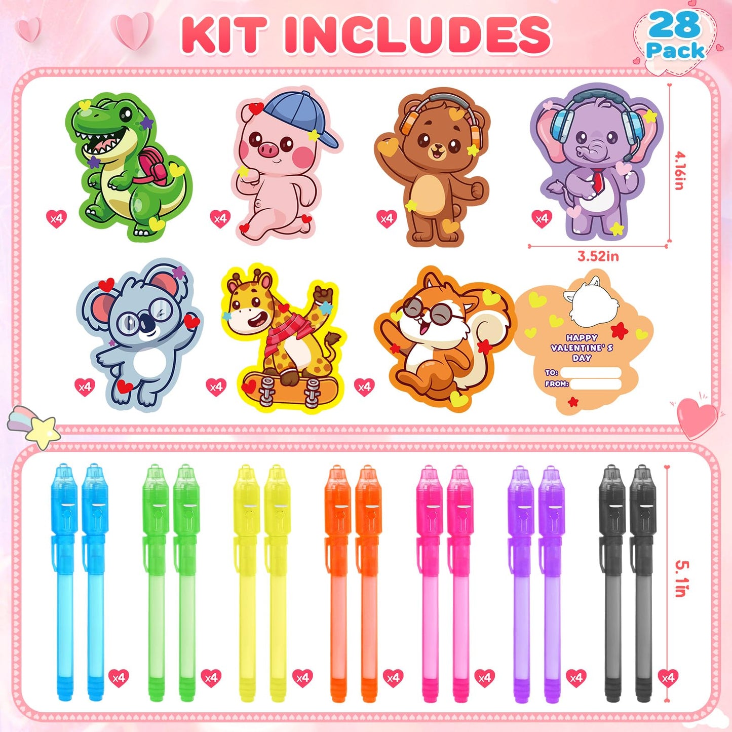 LovelyJn Valentines Day Gifts for Kids — 28 Invisible Ink Pens with Cards