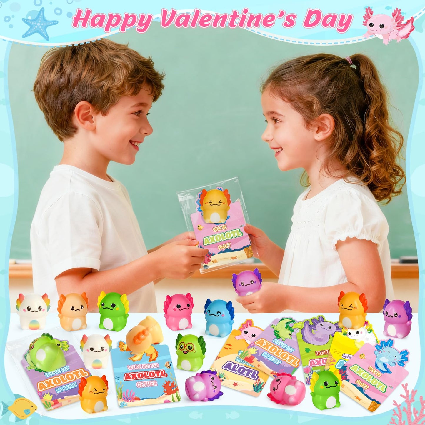 LovelyJn Valentines Day Axolotl Squishy Toys – 24 Pack for Classroom Parties & Gift Exchanges