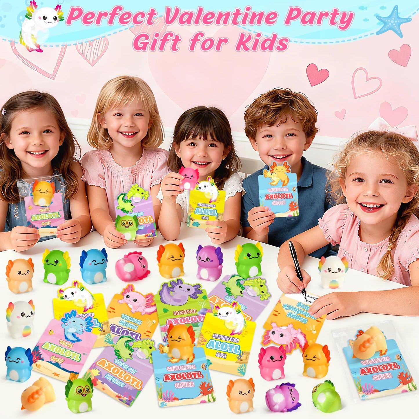 LovelyJn Valentines Day Axolotl Squishy Toys – 24 Pack for Classroom Parties & Gift Exchanges