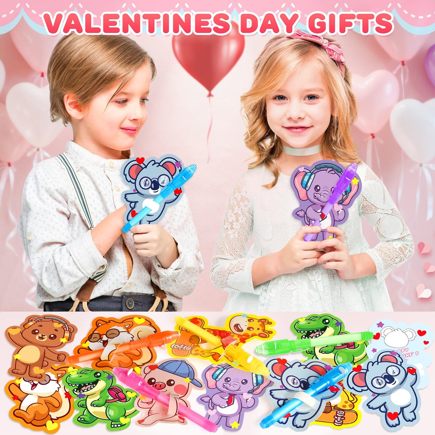 LovelyJn Valentines Day Gifts for Kids — 28 Invisible Ink Pens with Cards