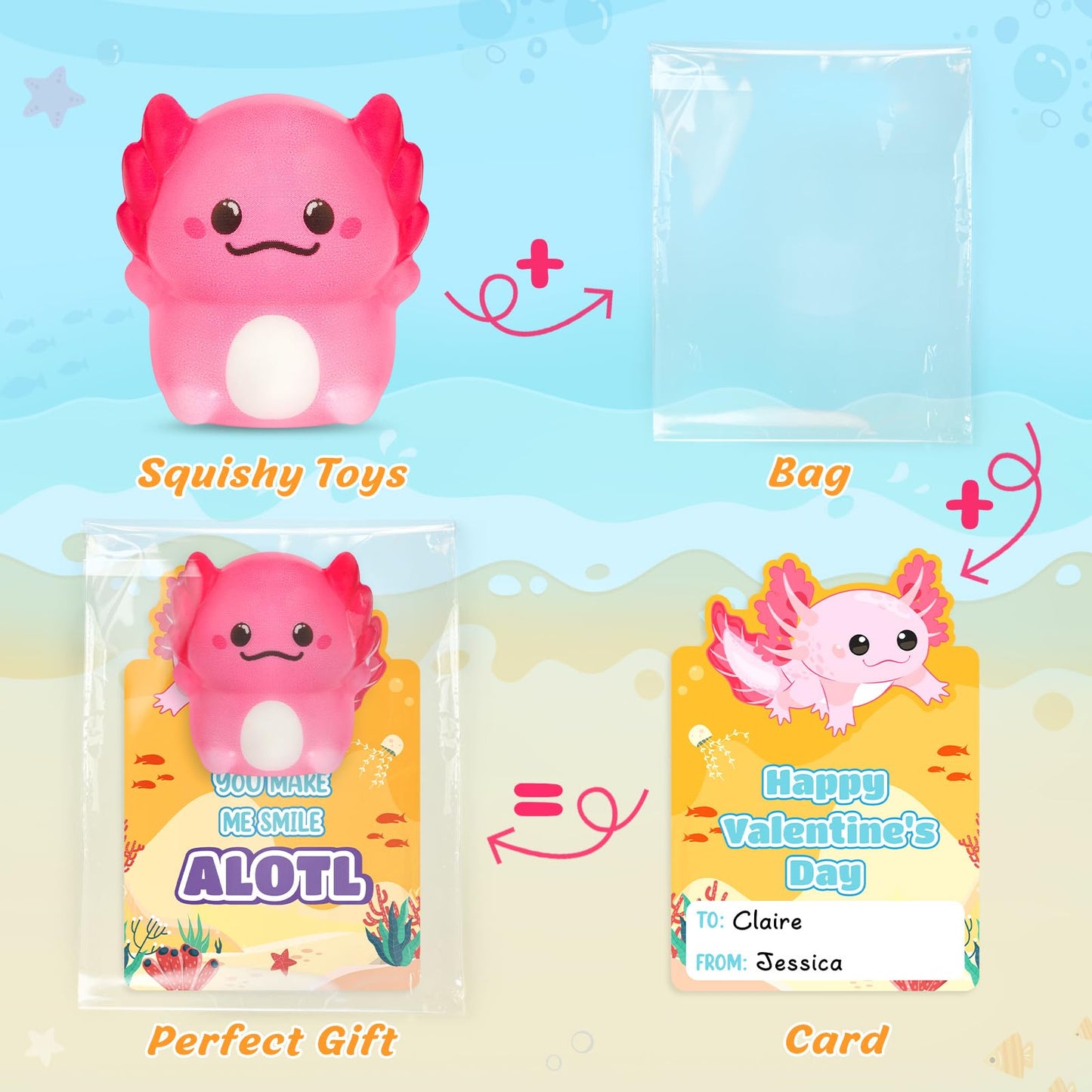 LovelyJn Valentines Day Axolotl Squishy Toys – 24 Pack for Classroom Parties & Gift Exchanges
