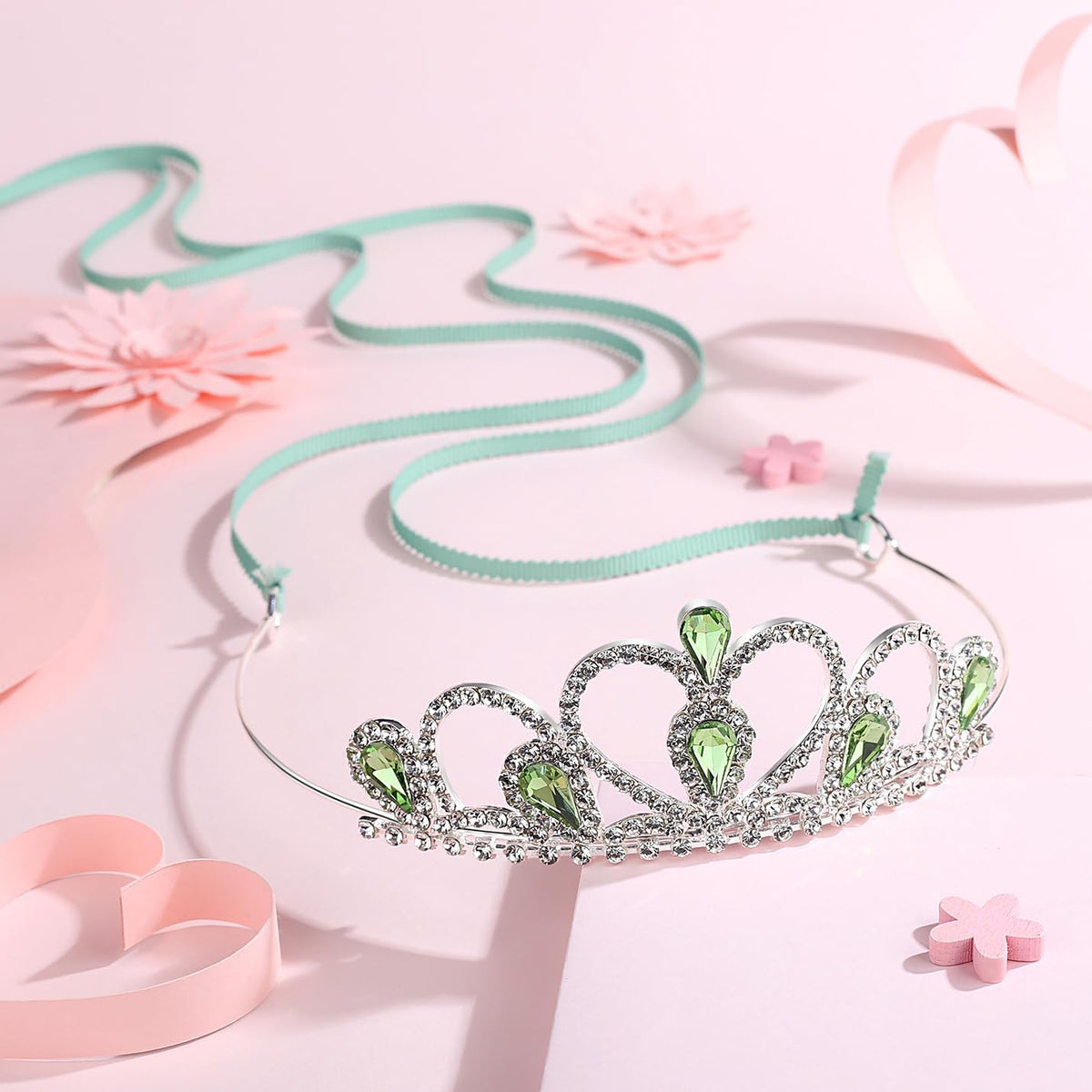 Lovelyshop Princess Tiara Crown with Green Gem – Adjustable Ribbon for Girls 5–10