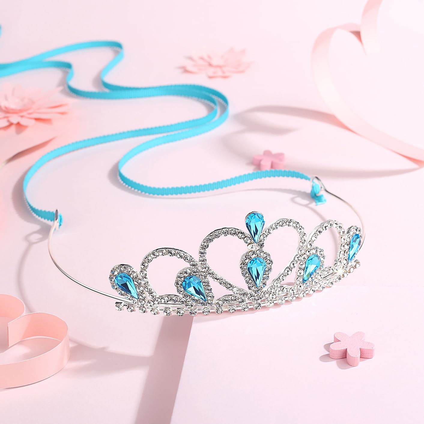 Lovelyshop Princess Tiara Crown Headband – Blue Gem, Adjustable Ribbon (Girls 5–8)