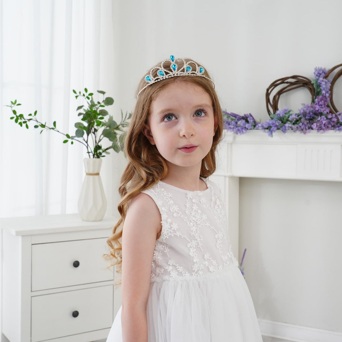 Lovelyshop Princess Tiara Crown Headband – Blue Gem, Adjustable Ribbon (Girls 5–8)
