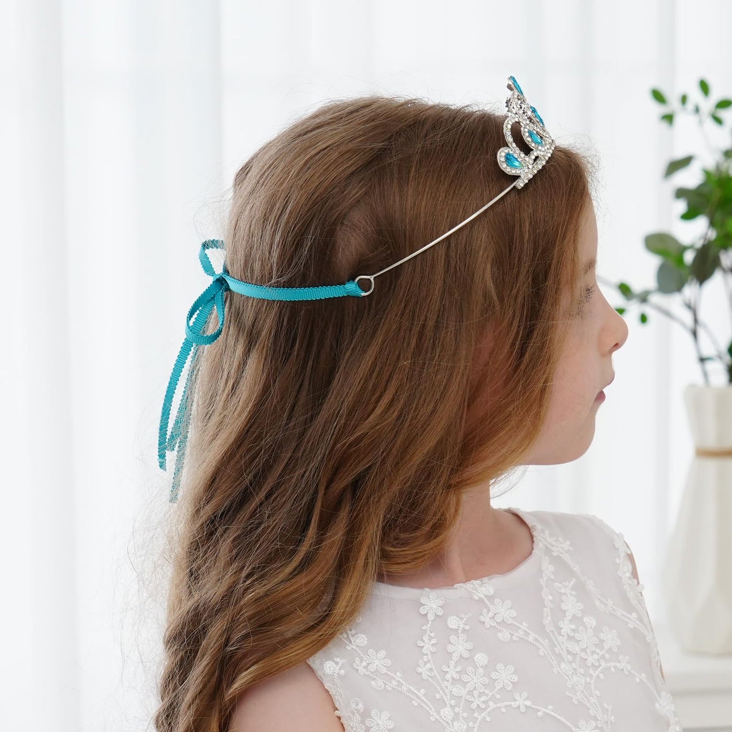 Lovelyshop Princess Tiara Crown Headband – Blue Gem, Adjustable Ribbon (Girls 5–8)