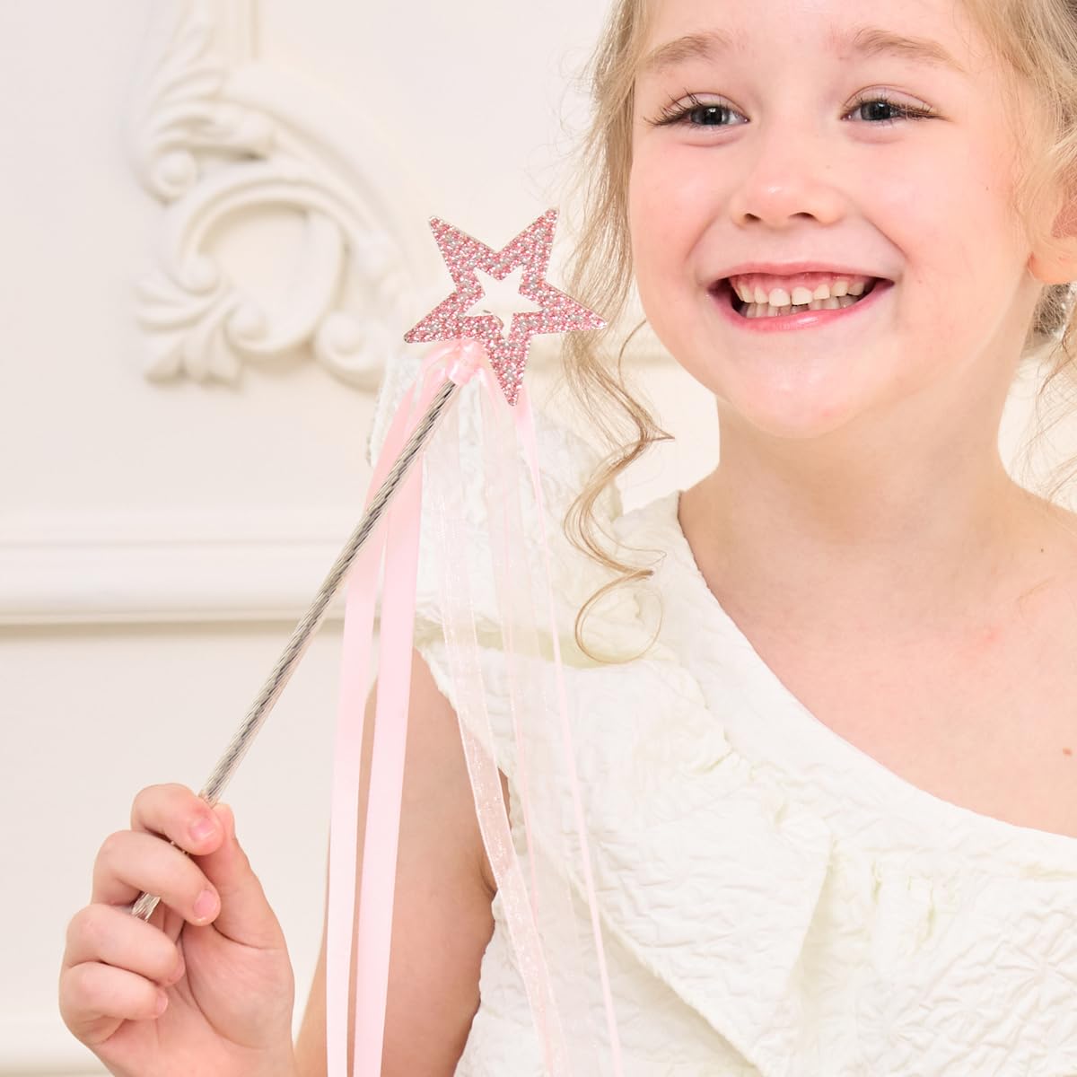 Lovelyshop Pink Crystal Star Fairy Wand with Ribbon – Dress-Up & Halloween Prop for Girls