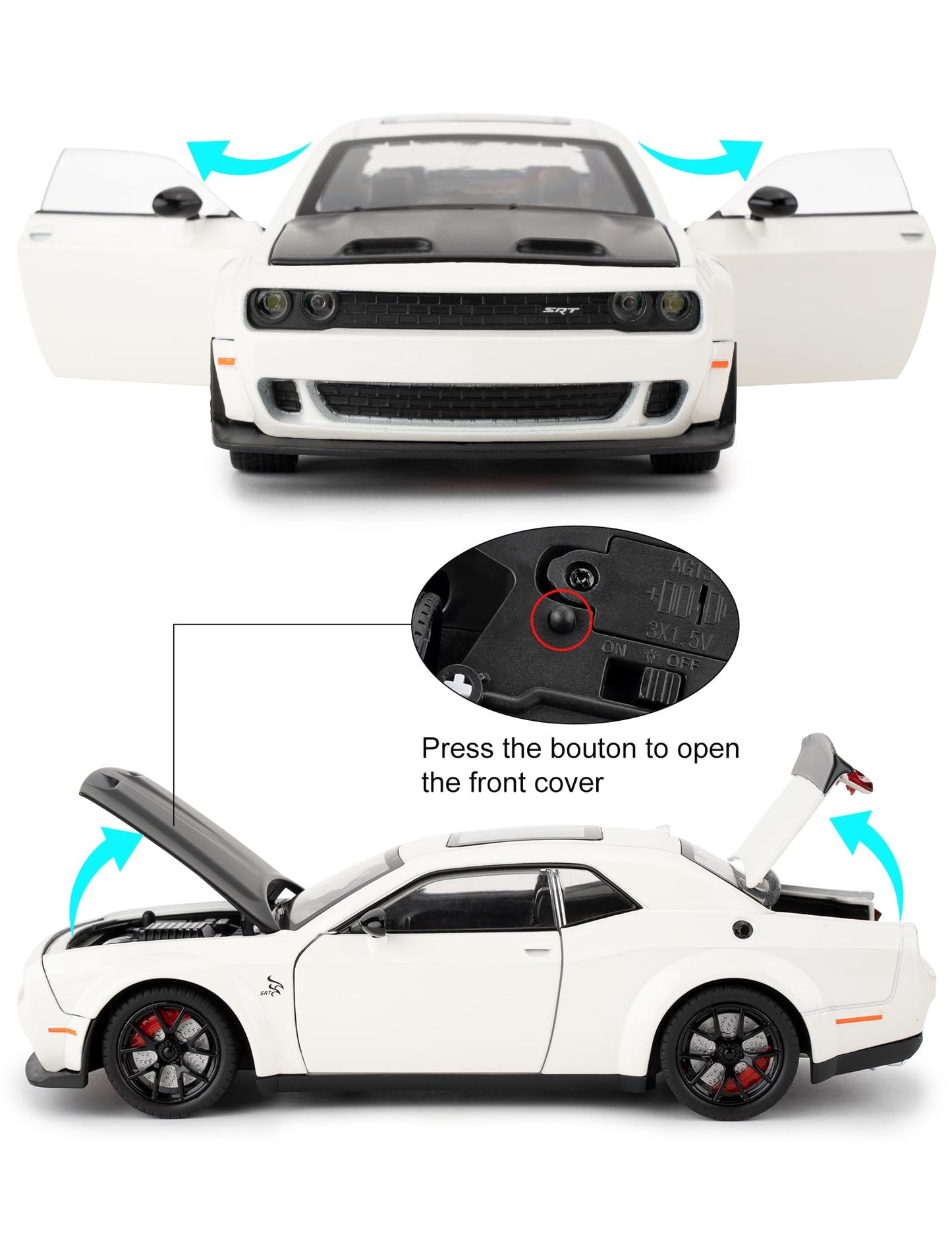 LOVEPOSELY 1/24 Dodge Challenger SRT Hellcat Die-Cast Car with Lights & Sounds – Pull-Back Model
