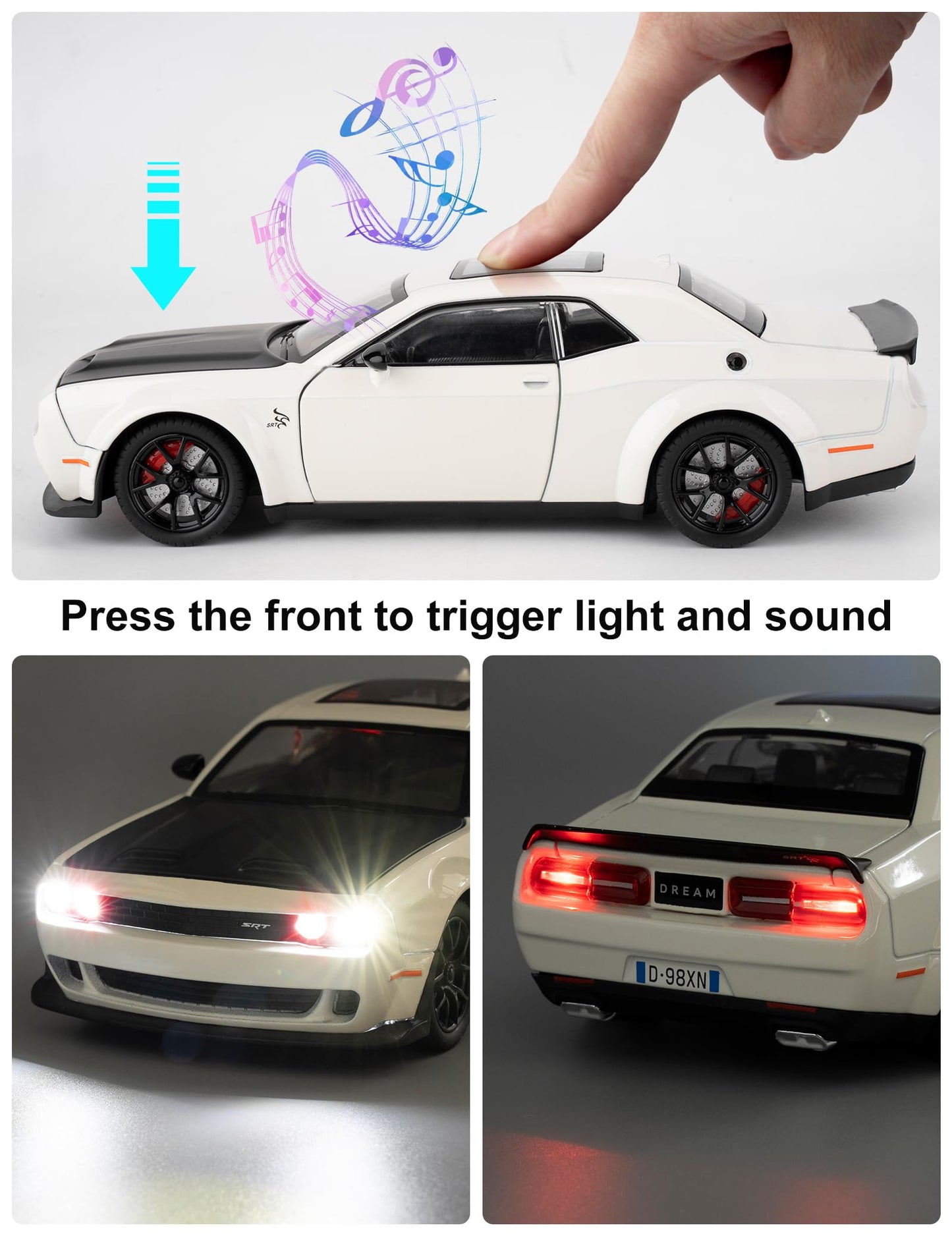 LOVEPOSELY 1/24 Dodge Challenger SRT Hellcat Die-Cast Car with Lights & Sounds – Pull-Back Model