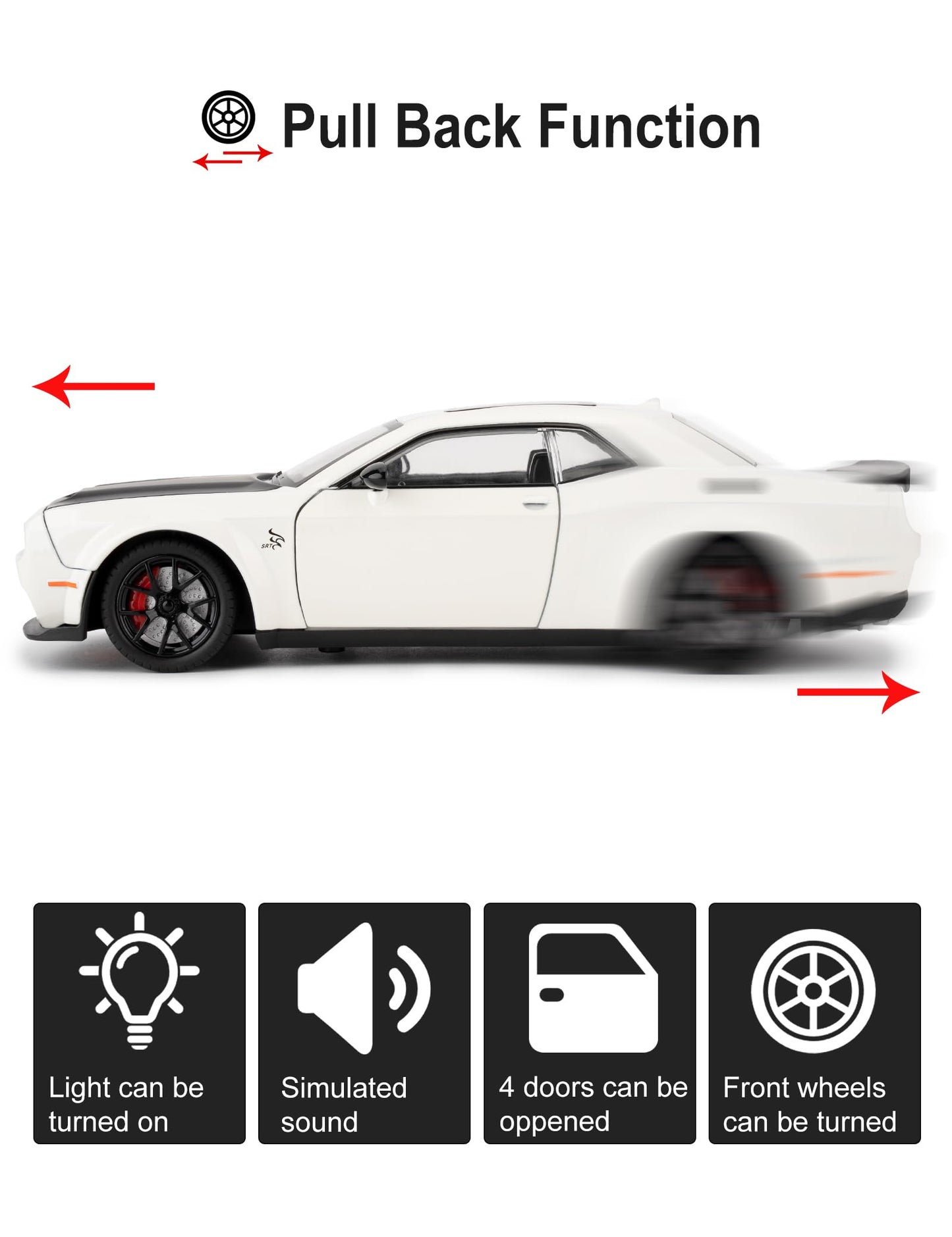 LOVEPOSELY 1/24 Dodge Challenger SRT Hellcat Die-Cast Car with Lights & Sounds – Pull-Back Model