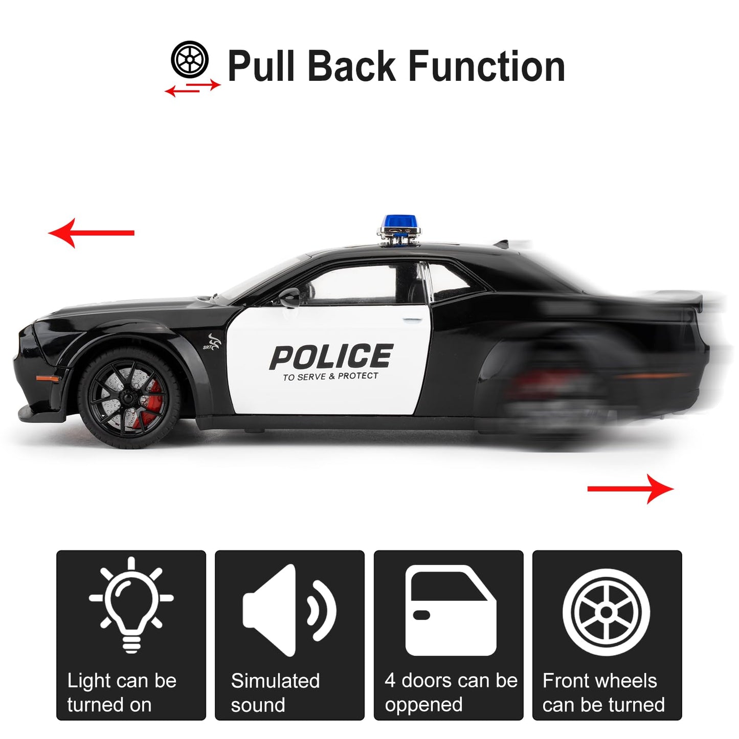 LOVEPOSELY Police Car Model 1:24 Dodge Challenger SRT Hellcat – Diecast Pull-Back with Lights and Sounds