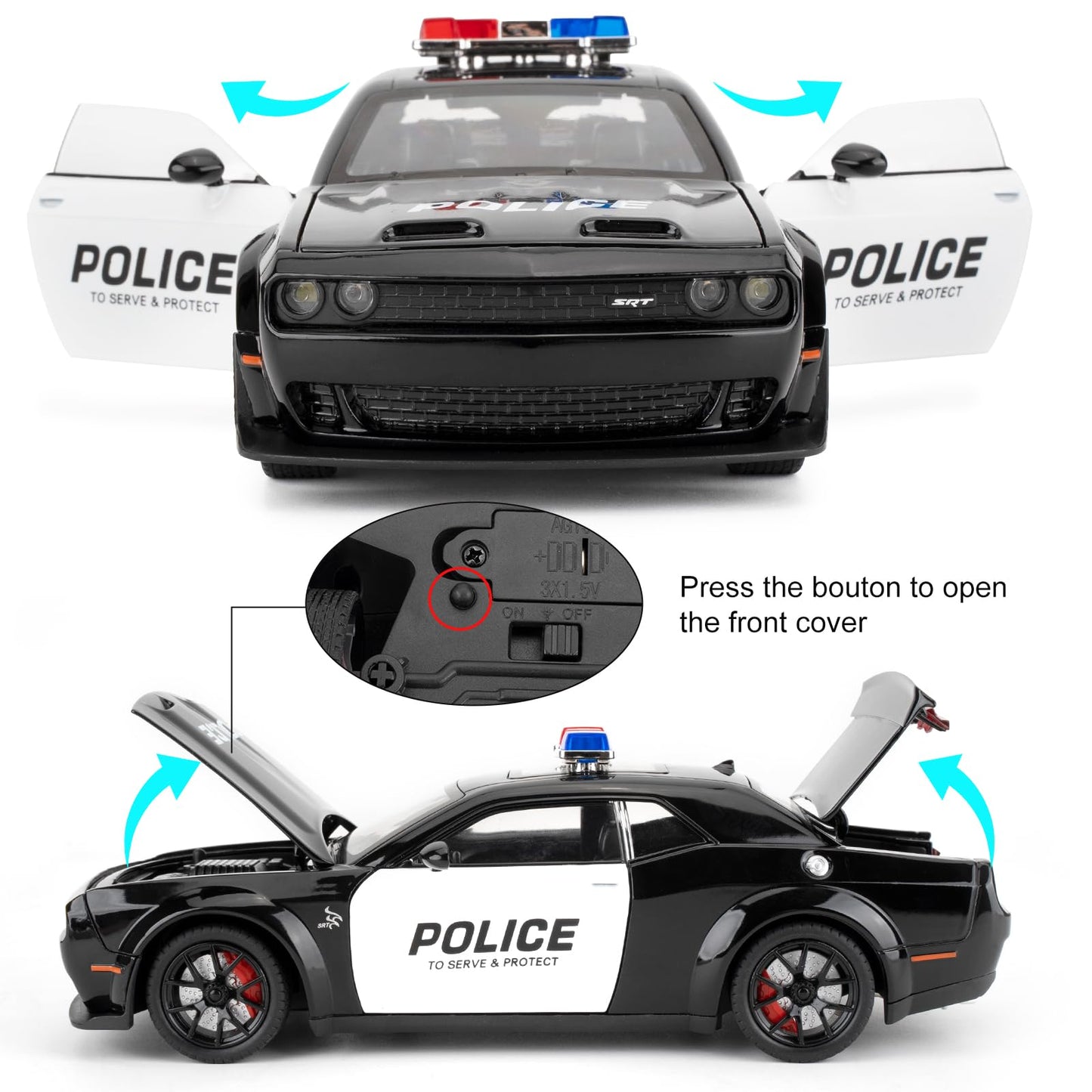 LOVEPOSELY Police Car Model 1:24 Dodge Challenger SRT Hellcat – Diecast Pull-Back with Lights and Sounds