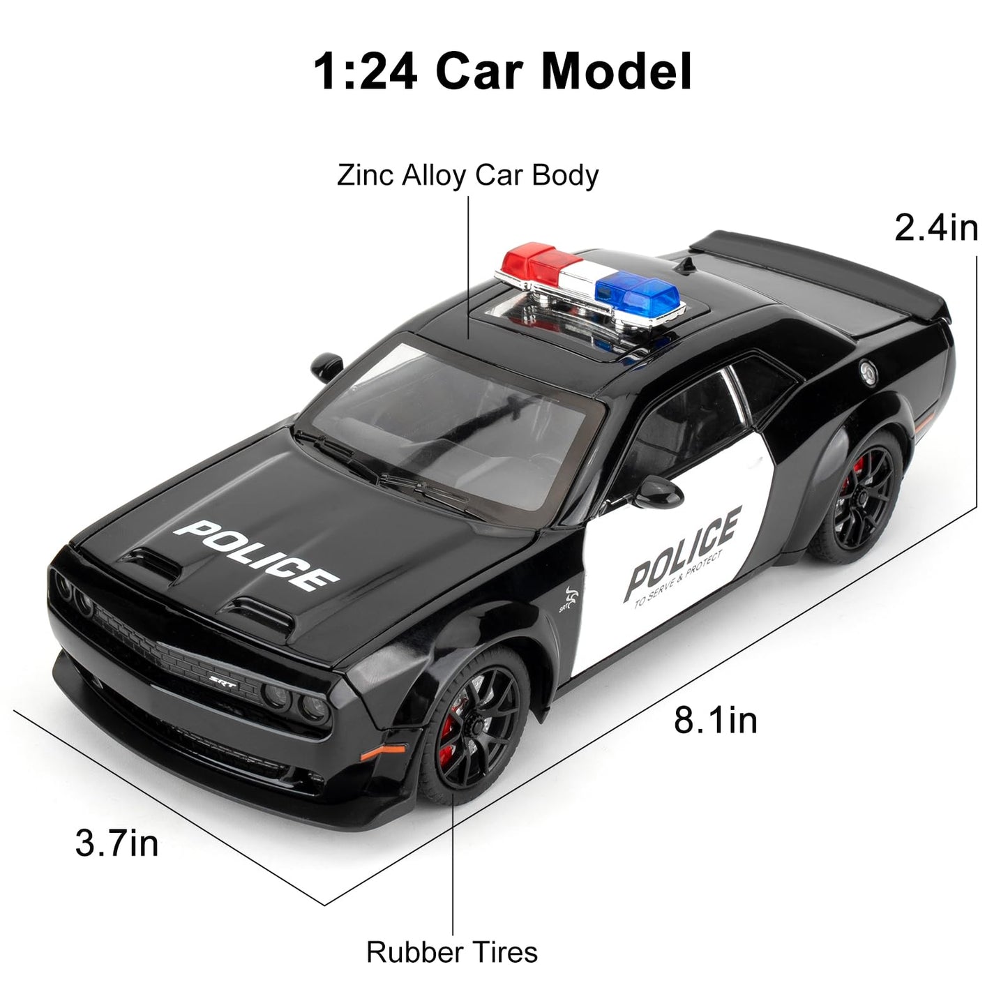LOVEPOSELY Police Car Model 1:24 Dodge Challenger SRT Hellcat – Diecast Pull-Back with Lights and Sounds