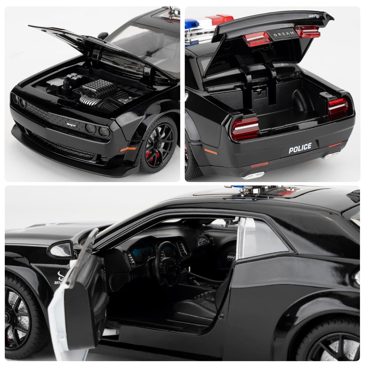 LOVEPOSELY Police Car Model 1:24 Dodge Challenger SRT Hellcat – Diecast Pull-Back with Lights and Sounds