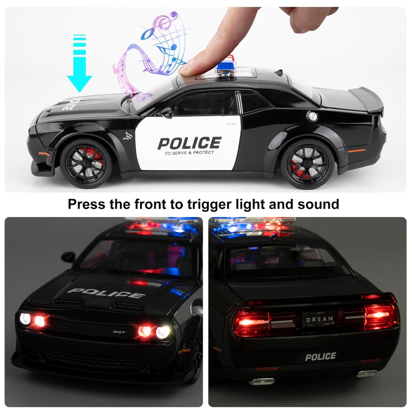 LOVEPOSELY Police Car Model 1:24 Dodge Challenger SRT Hellcat – Diecast Pull-Back with Lights and Sounds