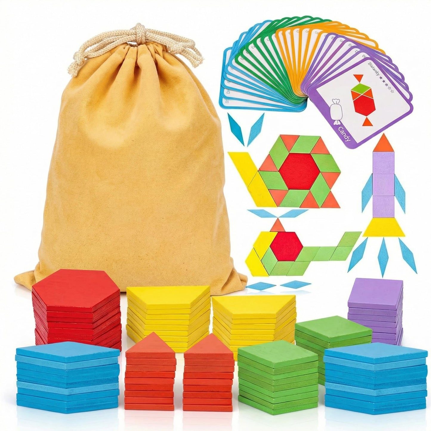 LovesTown 209-Piece Shapes Wooden Pattern Blocks for Kids | Educational Tangram Set