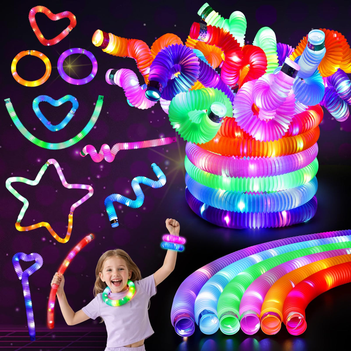 LovesTown 24Pcs Light Up Glow Sticks Pop Tubes – Glow in the Dark Party Favors for Kids