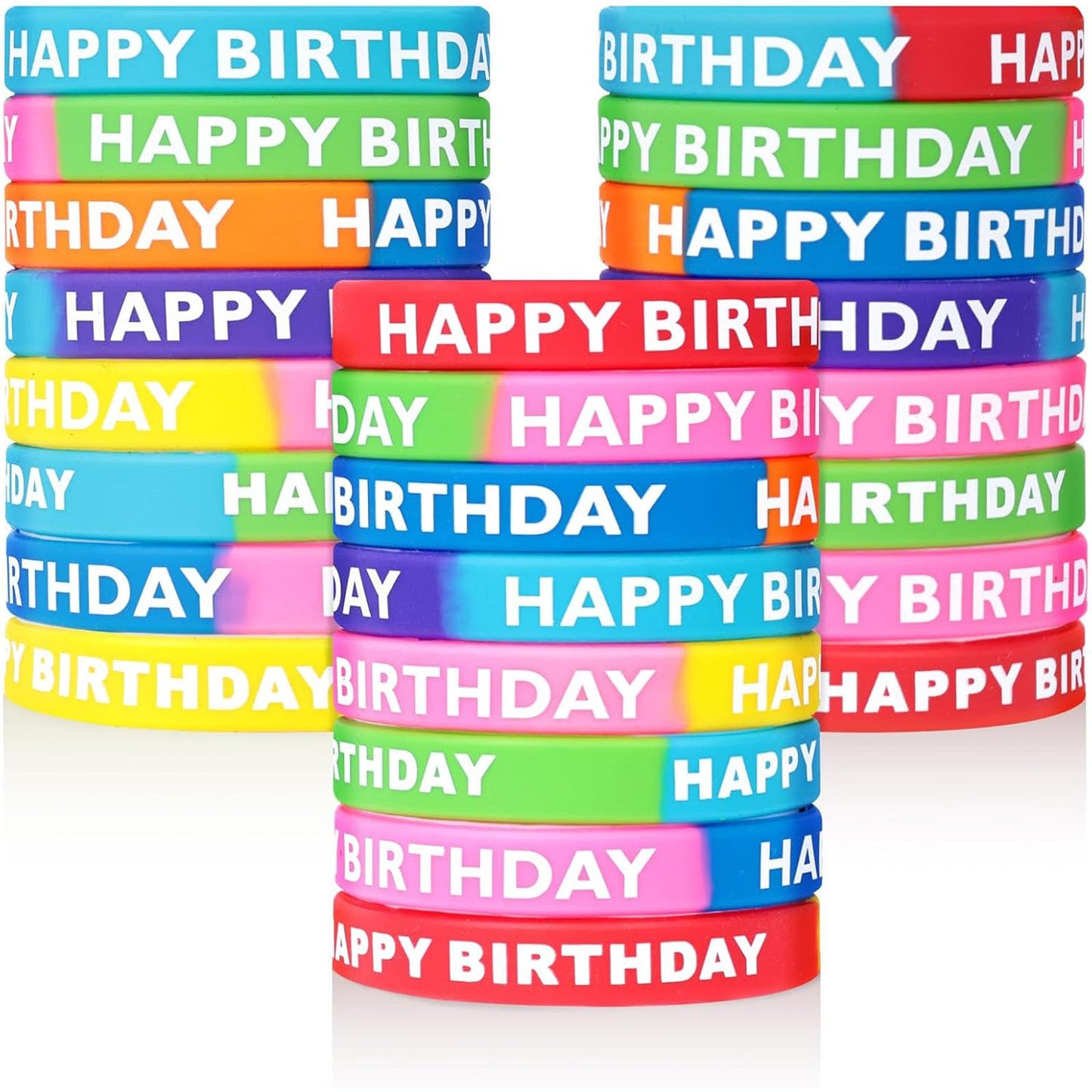 LovesTown 24PCS Happy Birthday Rubber Bracelets — Neon Silicone Wristbands for Kids