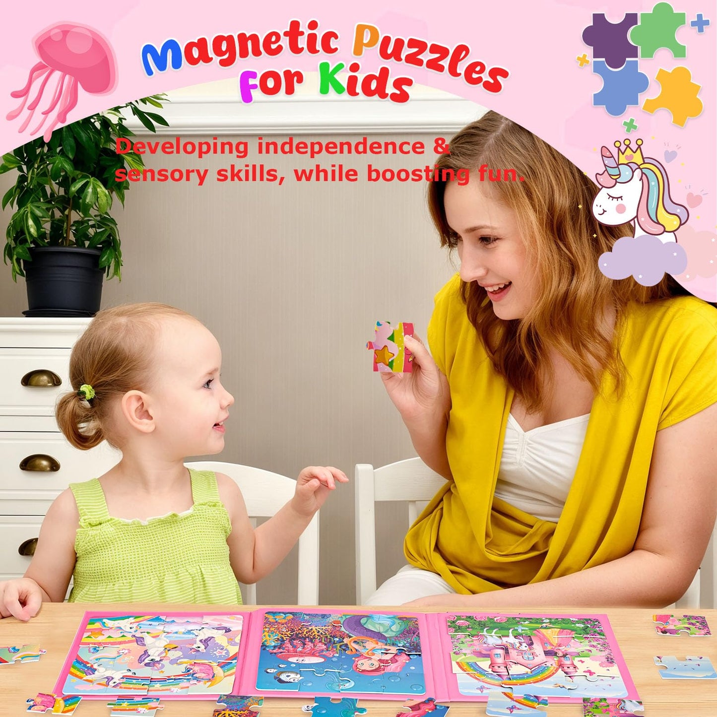 LovesTown Magnetic Puzzles for Toddlers – 3-in-1 Fairytale Travel Puzzle Book, 48 Pieces, Learning Magnets