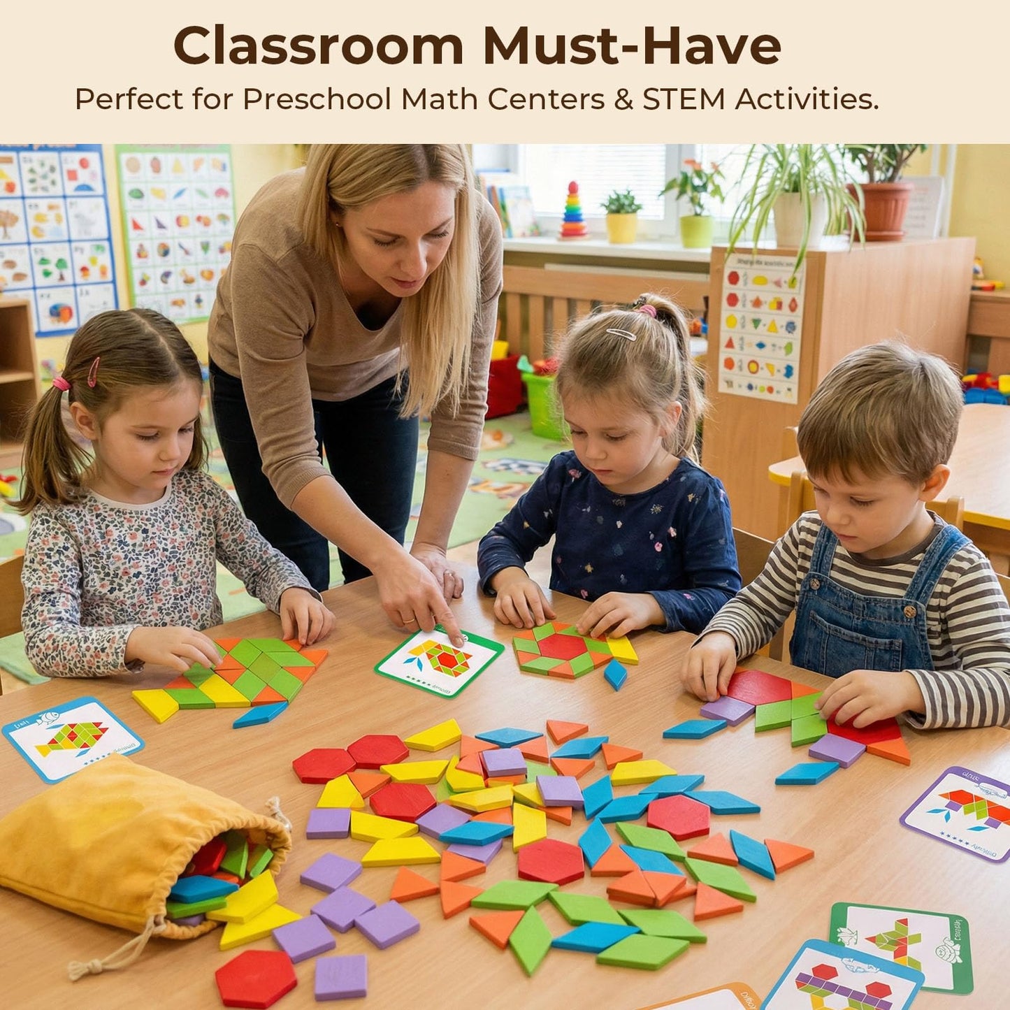 LovesTown 209-Piece Shapes Wooden Pattern Blocks for Kids | Educational Tangram Set