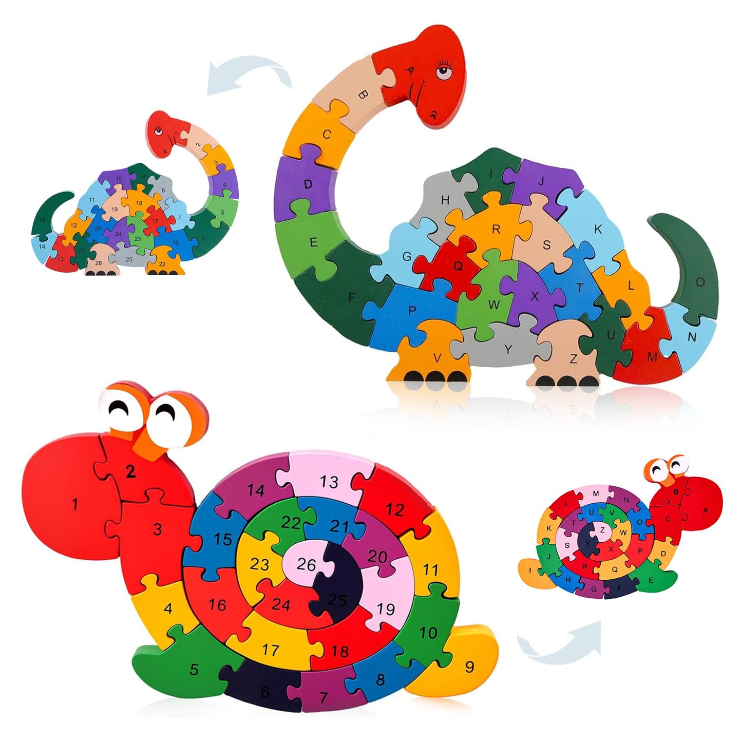 LovesTown Wooden Puzzles for Kids – Dino & Snail 2-Pack, Alphabet & Numbers, Montessori Toy