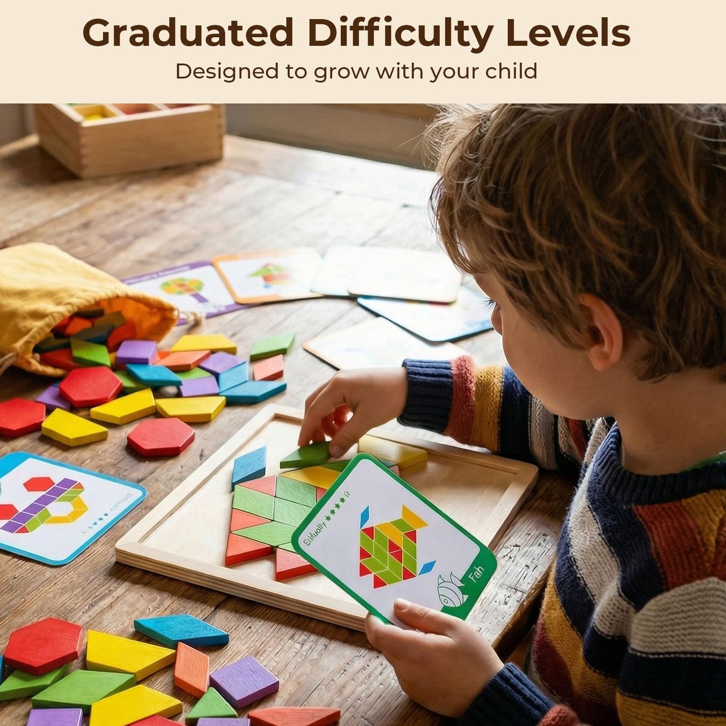 LovesTown 209-Piece Shapes Wooden Pattern Blocks for Kids | Educational Tangram Set